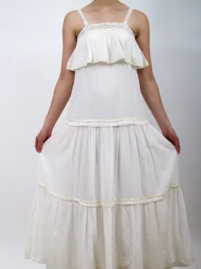 1970s White Gauzy Tiered Maxi Dress