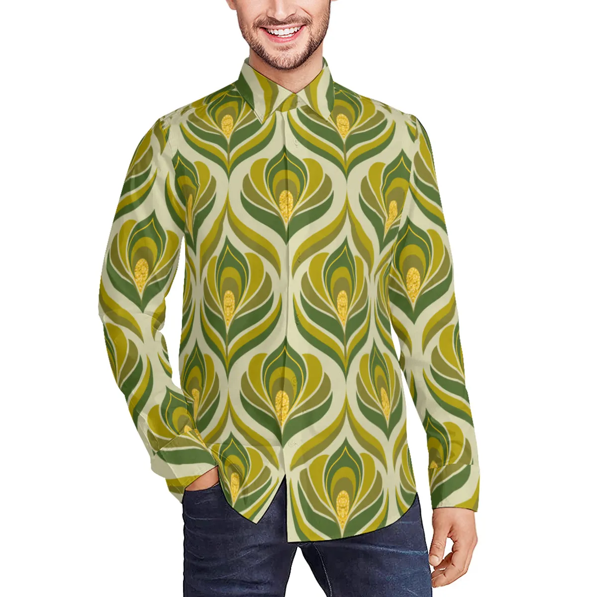 70s Clothing Men, 60s 70s style shirt, 70s Shirt Men, Green Damask Shirt, Hippie Shirt Men, Groovy Shirt Men, Retro Shirt Men, Boho Shirt