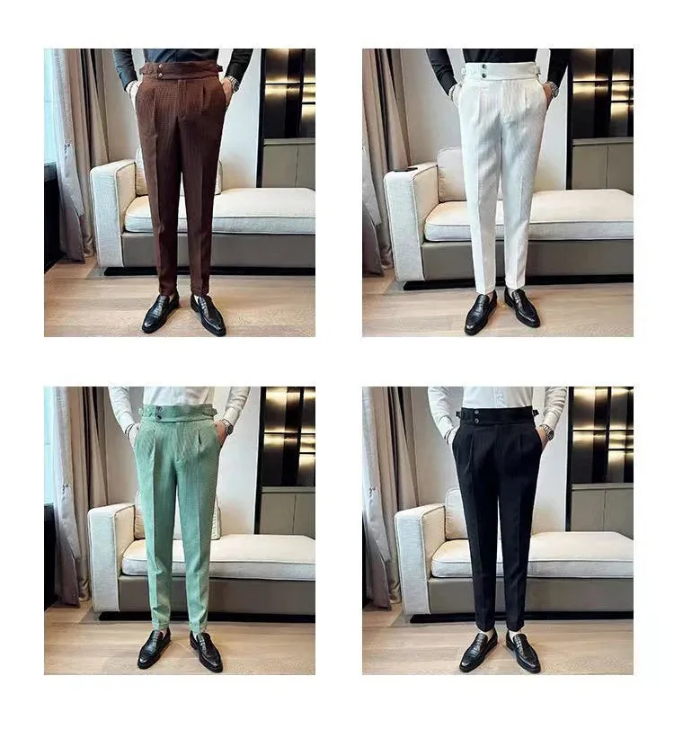 Aidase Fashion Slim Fit Waffle Pencil Pants Men Naples Suit Pant High Waist Button Business Casual Trousers High Quality Korean Pants