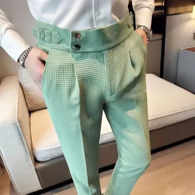 Aidase Fashion Slim Fit Waffle Pencil Pants Men Naples Suit Pant High Waist Button Business Casual Trousers High Quality Korean Pants