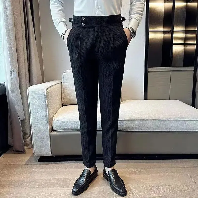 Aidase Fashion Slim Fit Waffle Pencil Pants Men Naples Suit Pant High Waist Button Business Casual Trousers High Quality Korean Pants