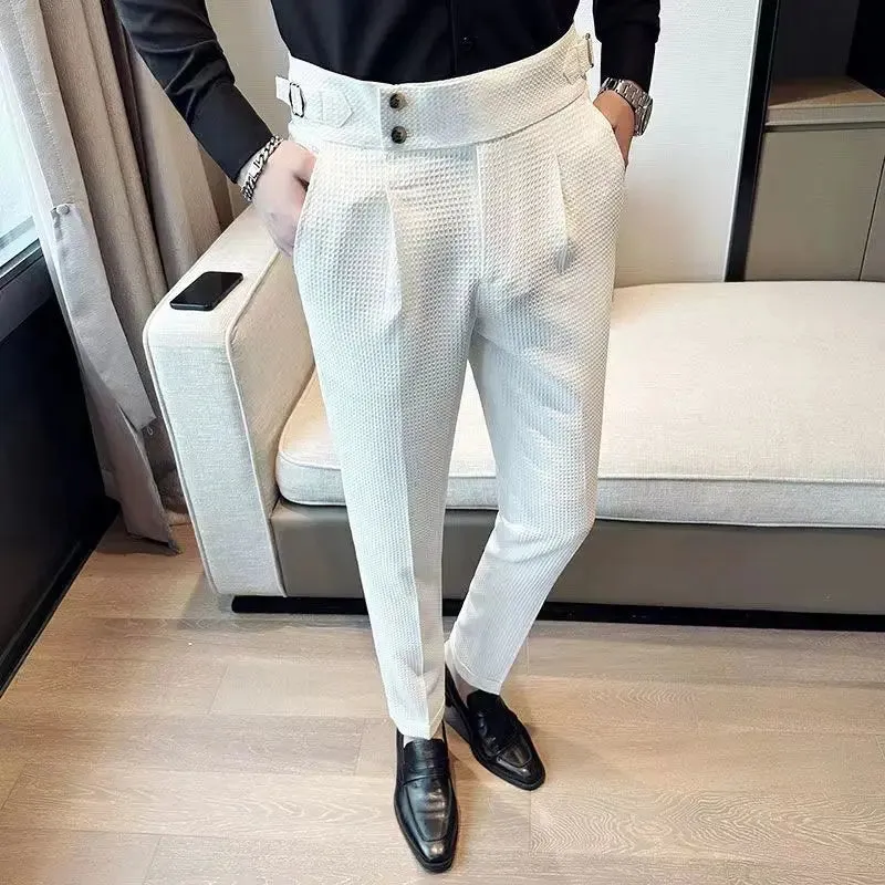 Aidase Fashion Slim Fit Waffle Pencil Pants Men Naples Suit Pant High Waist Button Business Casual Trousers High Quality Korean Pants