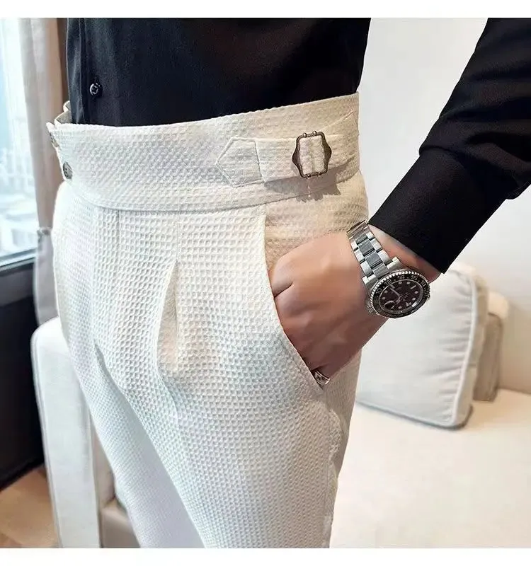 Aidase Fashion Slim Fit Waffle Pencil Pants Men Naples Suit Pant High Waist Button Business Casual Trousers High Quality Korean Pants