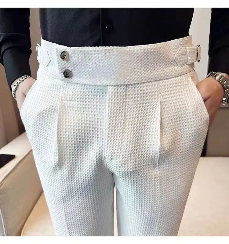 Aidase Fashion Slim Fit Waffle Pencil Pants Men Naples Suit Pant High Waist Button Business Casual Trousers High Quality Korean Pants