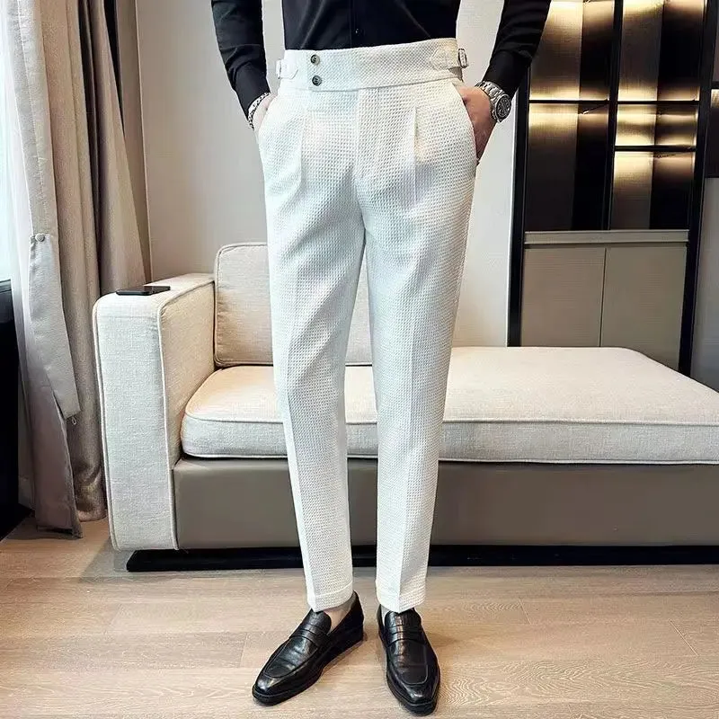 Aidase Fashion Slim Fit Waffle Pencil Pants Men Naples Suit Pant High Waist Button Business Casual Trousers High Quality Korean Pants