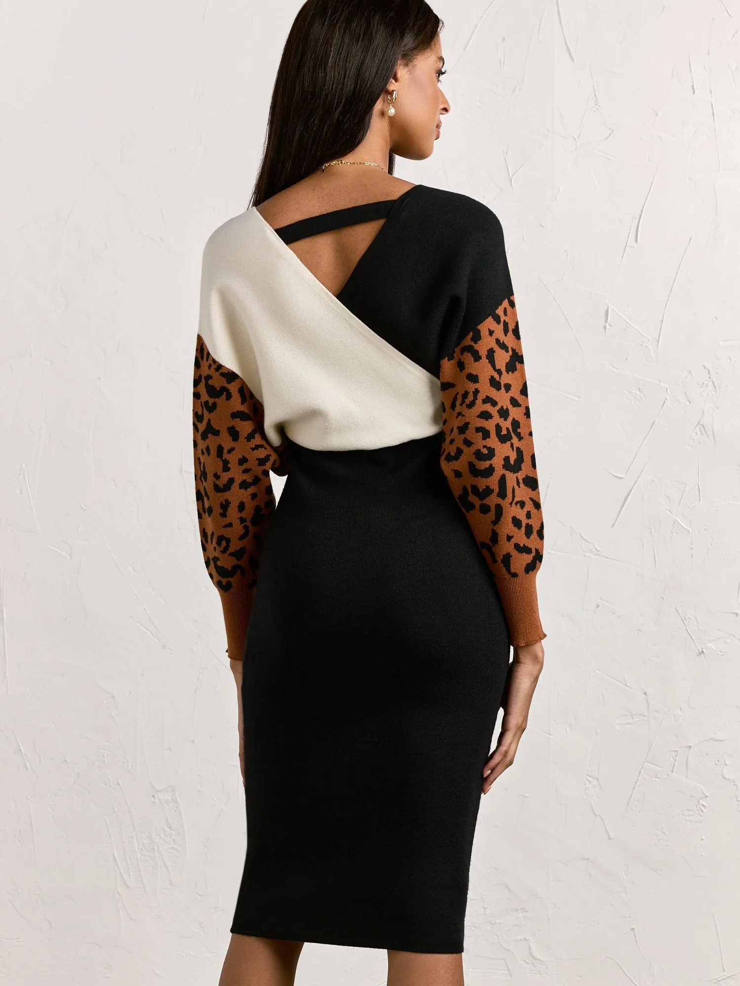Animal Print Colorblock Wrap Sweater Dress - Dee Elly
