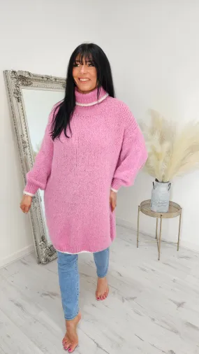 Arabella Roll Neck Jumper Dress - Pink (Curvy)