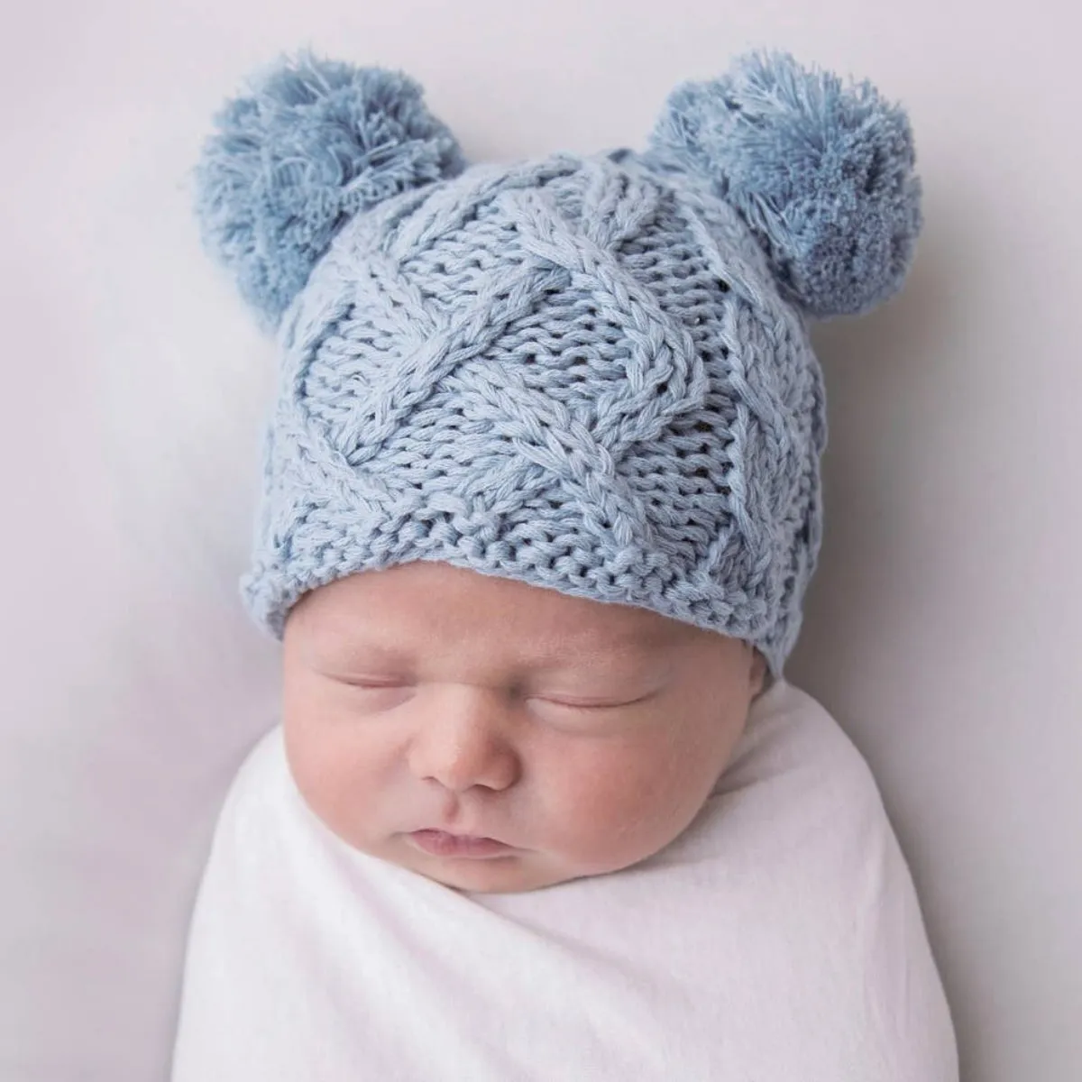 Aran Double Pom Pom Newborn Hat - Chambray