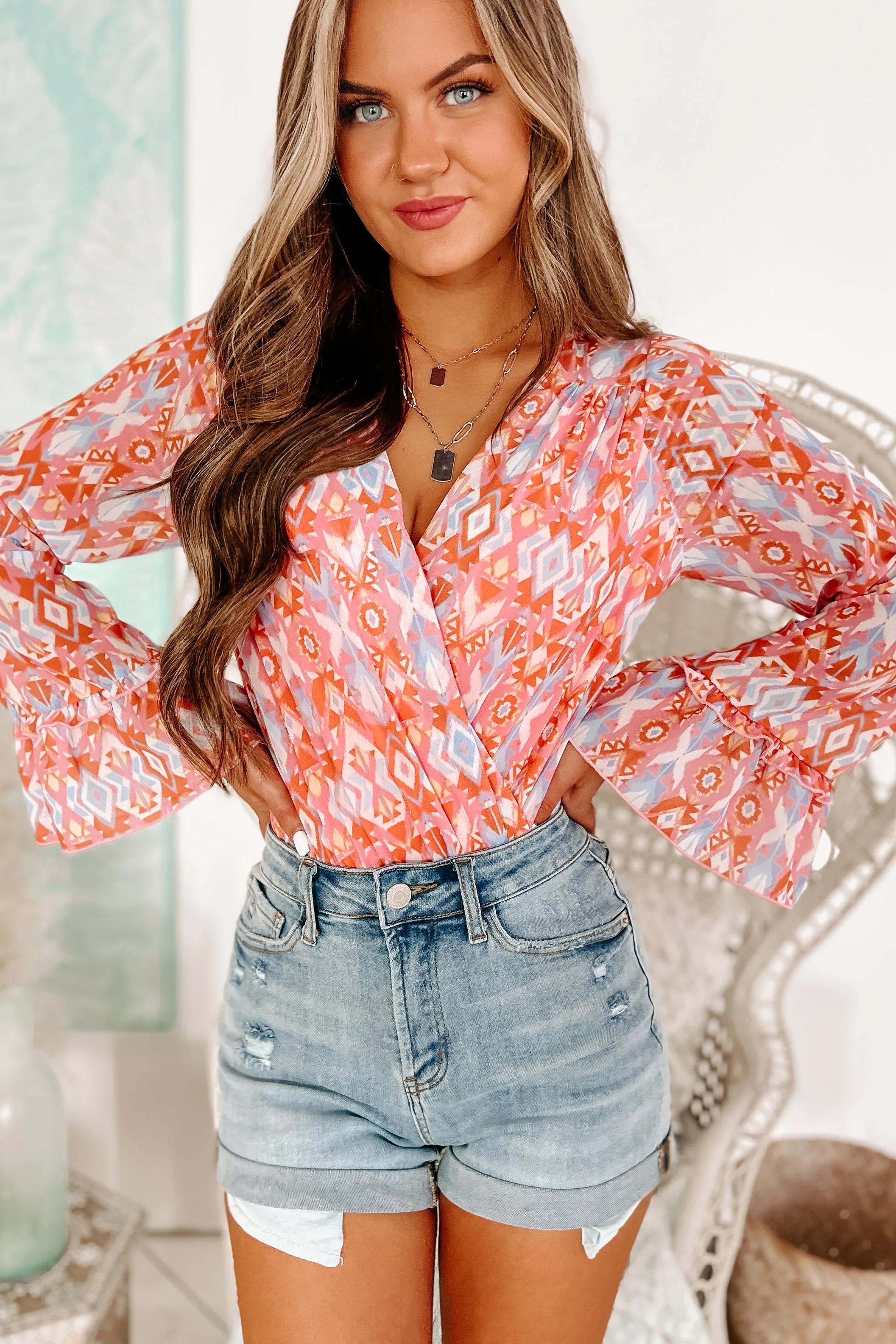Aztecin' Me Crazy Bell Sleeve Aztec Print Bodysuit (Pink/Orange Multi)