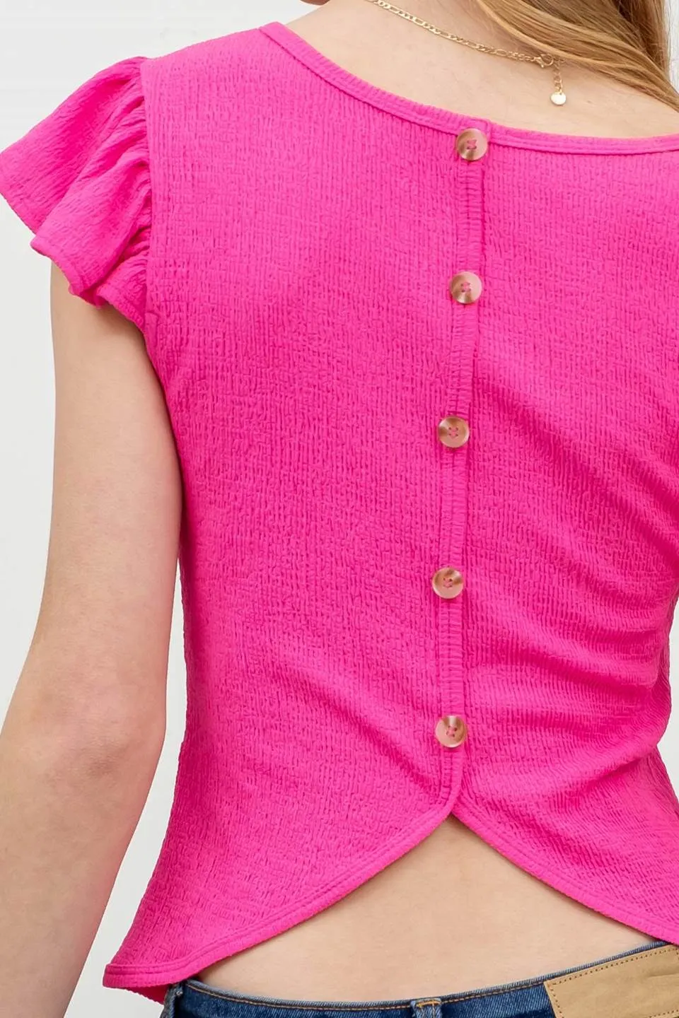 BACK BUTTON SPLICE KNIT TOP