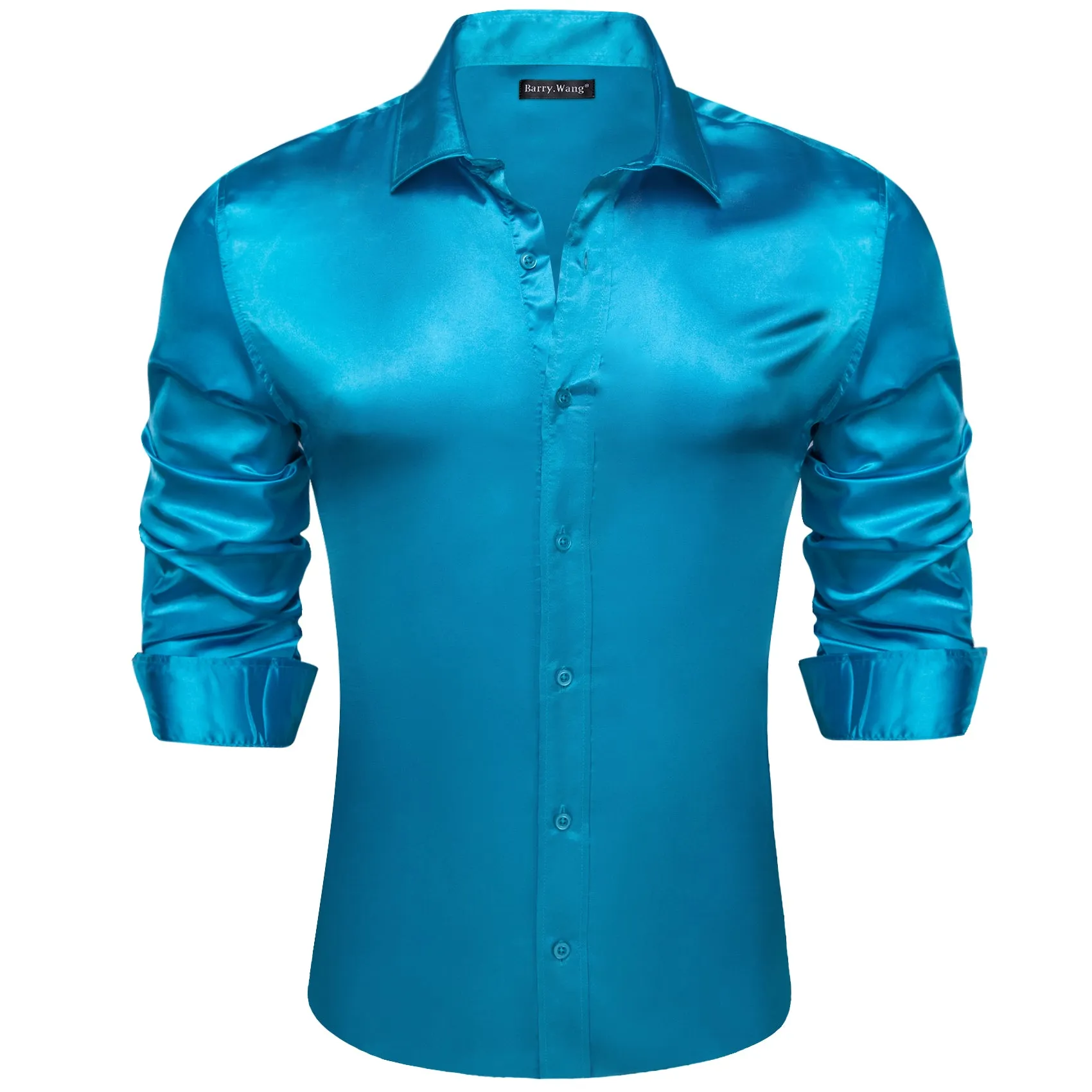 Barry.Wang Sky Blue Dress Shirt Solid Silk Men's Long Sleeve Shirt