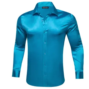 Barry.Wang Sky Blue Dress Shirt Solid Silk Men's Long Sleeve Shirt