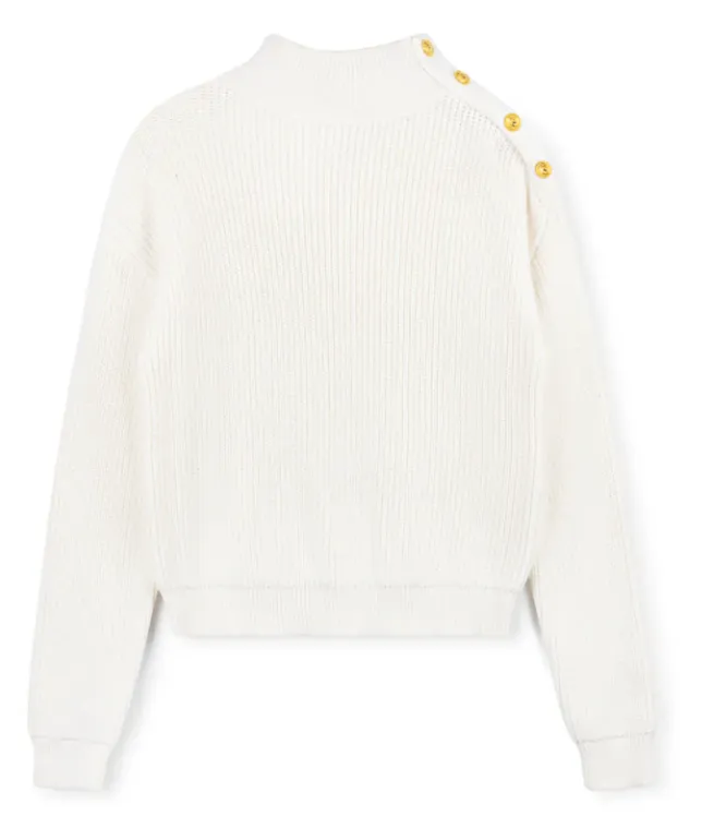Beige White Tri Button Knit Top W-14706