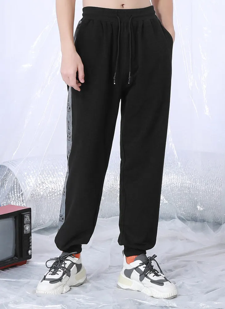 Black Plain Casual Reflective Stripes Jogger Pants