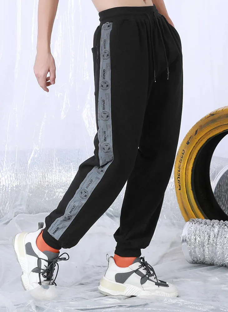 Black Plain Casual Reflective Stripes Jogger Pants