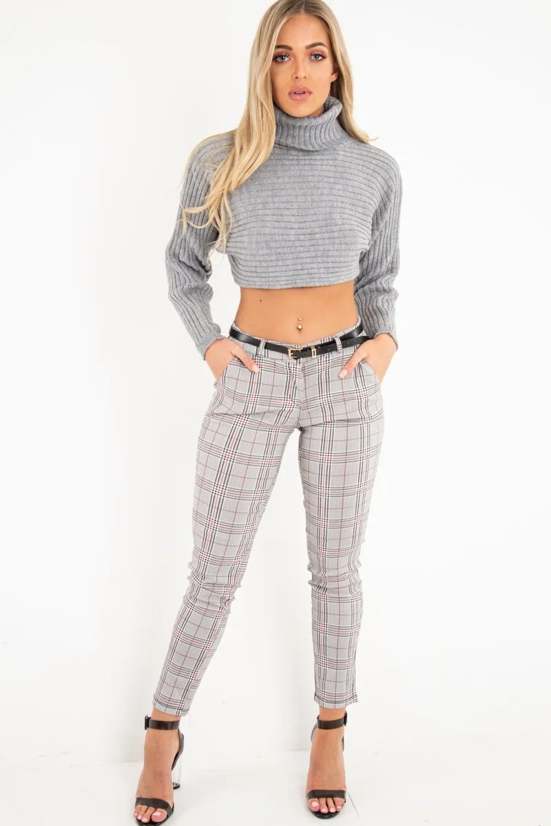 Black Red Check Belted Skinny Trousers - Jayani