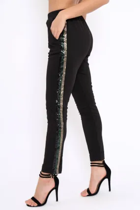 Black Tapered Trousers with Khaki and Gold Sequin Side Stripes - Halli
