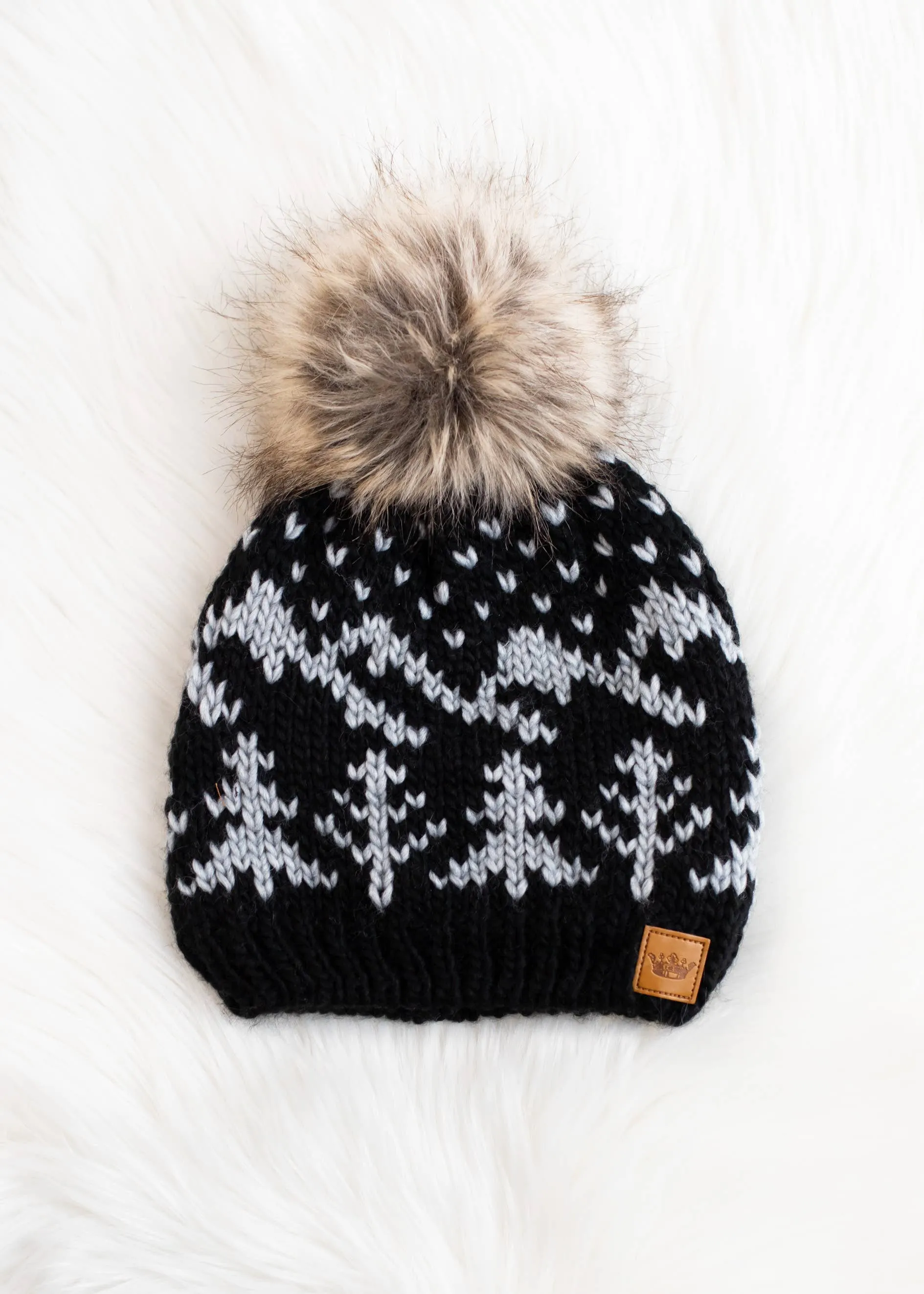 ***Black w/ Grey Trees Winter Pattern Pom Hat