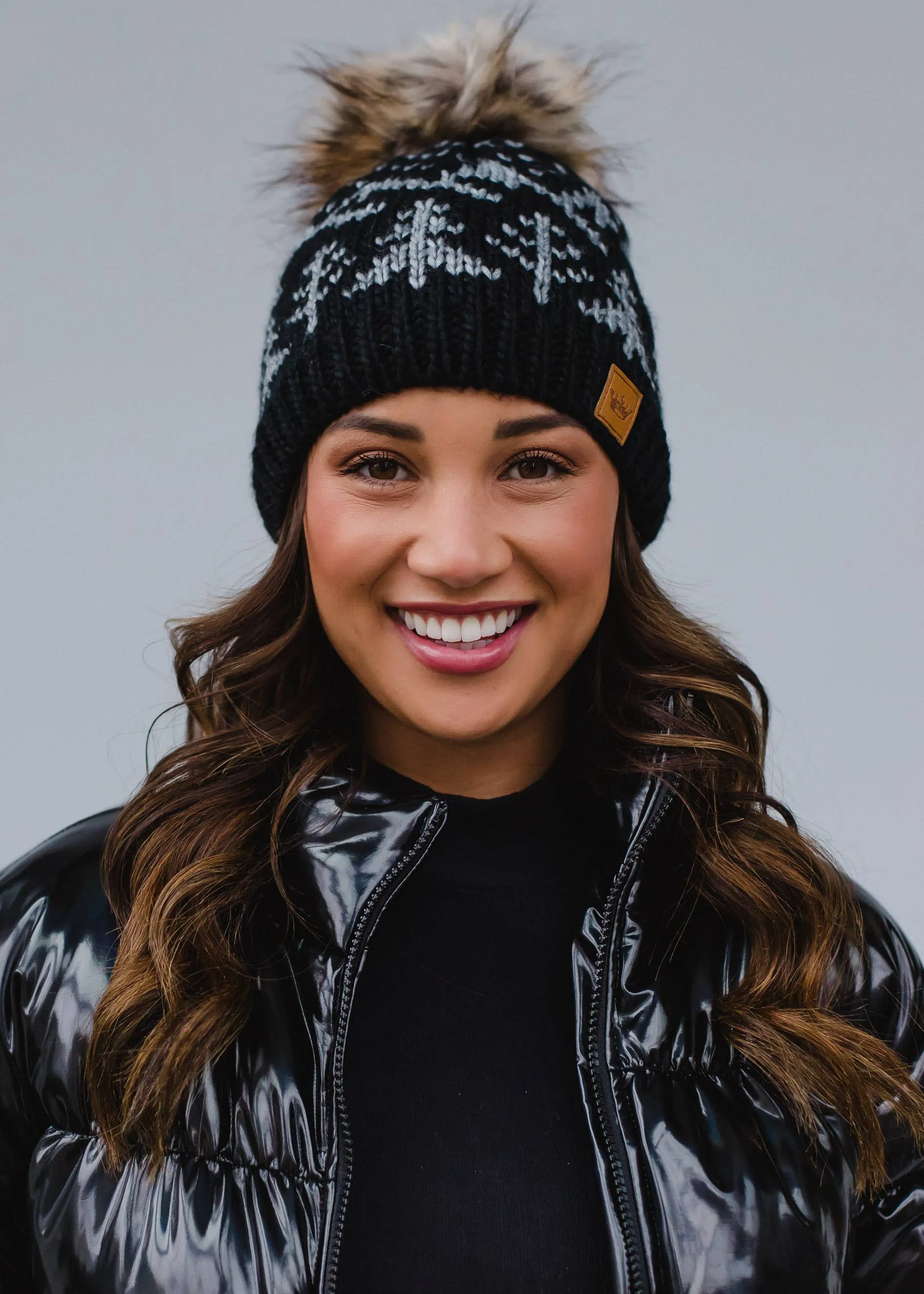 ***Black w/ Grey Trees Winter Pattern Pom Hat