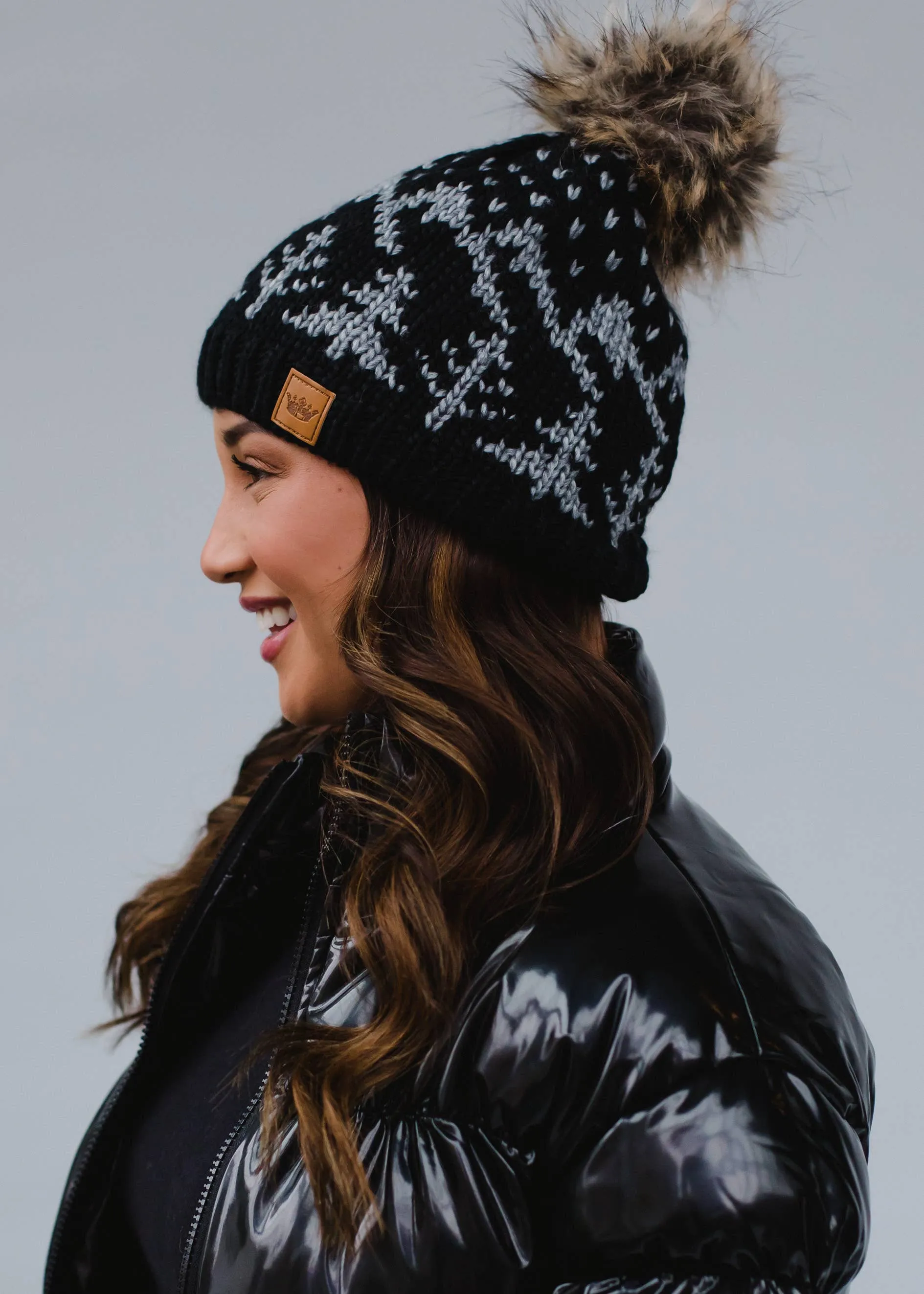 ***Black w/ Grey Trees Winter Pattern Pom Hat