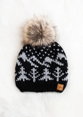 ***Black w/ Grey Trees Winter Pattern Pom Hat