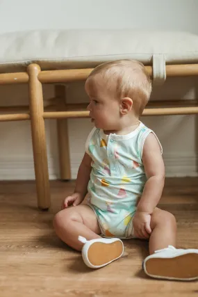 Blue Birthday Print Bamboo Henley Onesie with Snaps
