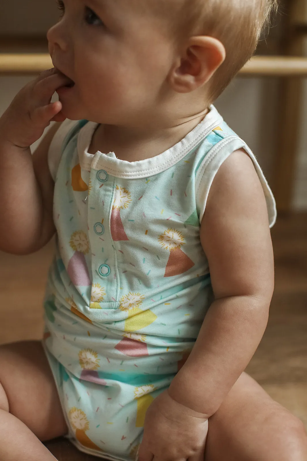 Blue Birthday Print Bamboo Henley Onesie with Snaps
