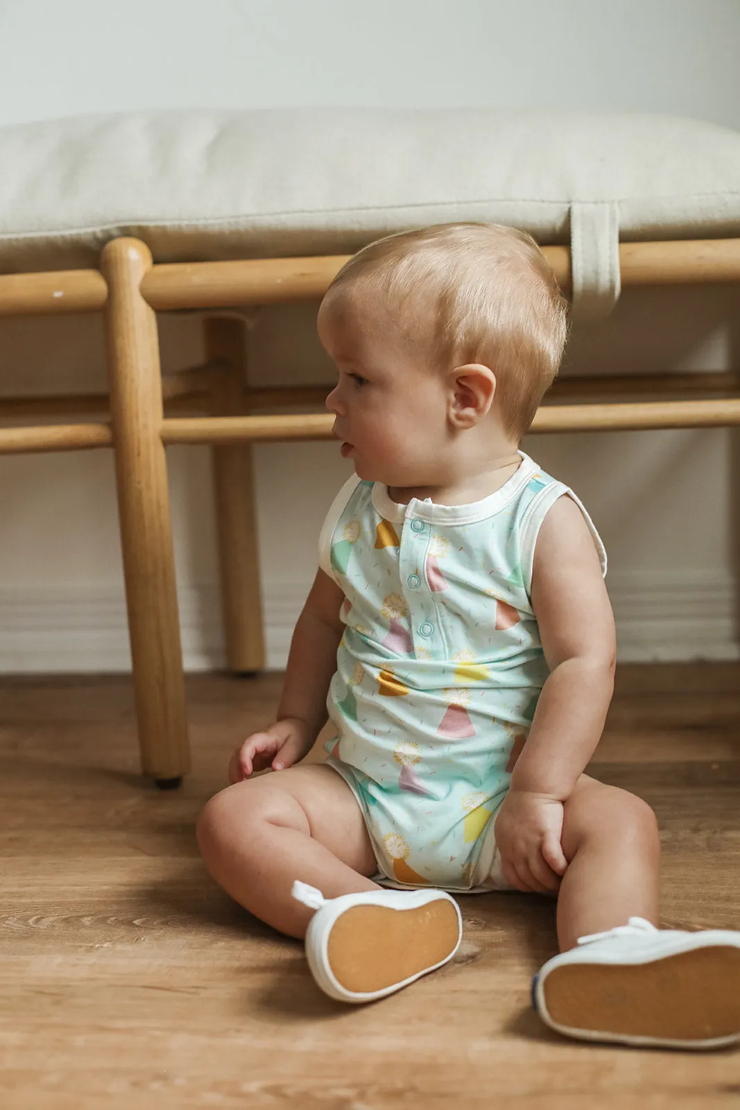 Blue Birthday Print Bamboo Henley Onesie with Snaps