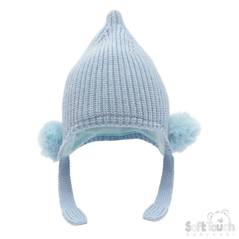 Blue Chenille Knit Hat w/Faux Fur Pom  Poms (NB-12 Months) H642-B-SM