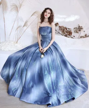 Blue Satin Long Prom Dress, Blue Aline Formal Evening Dresses