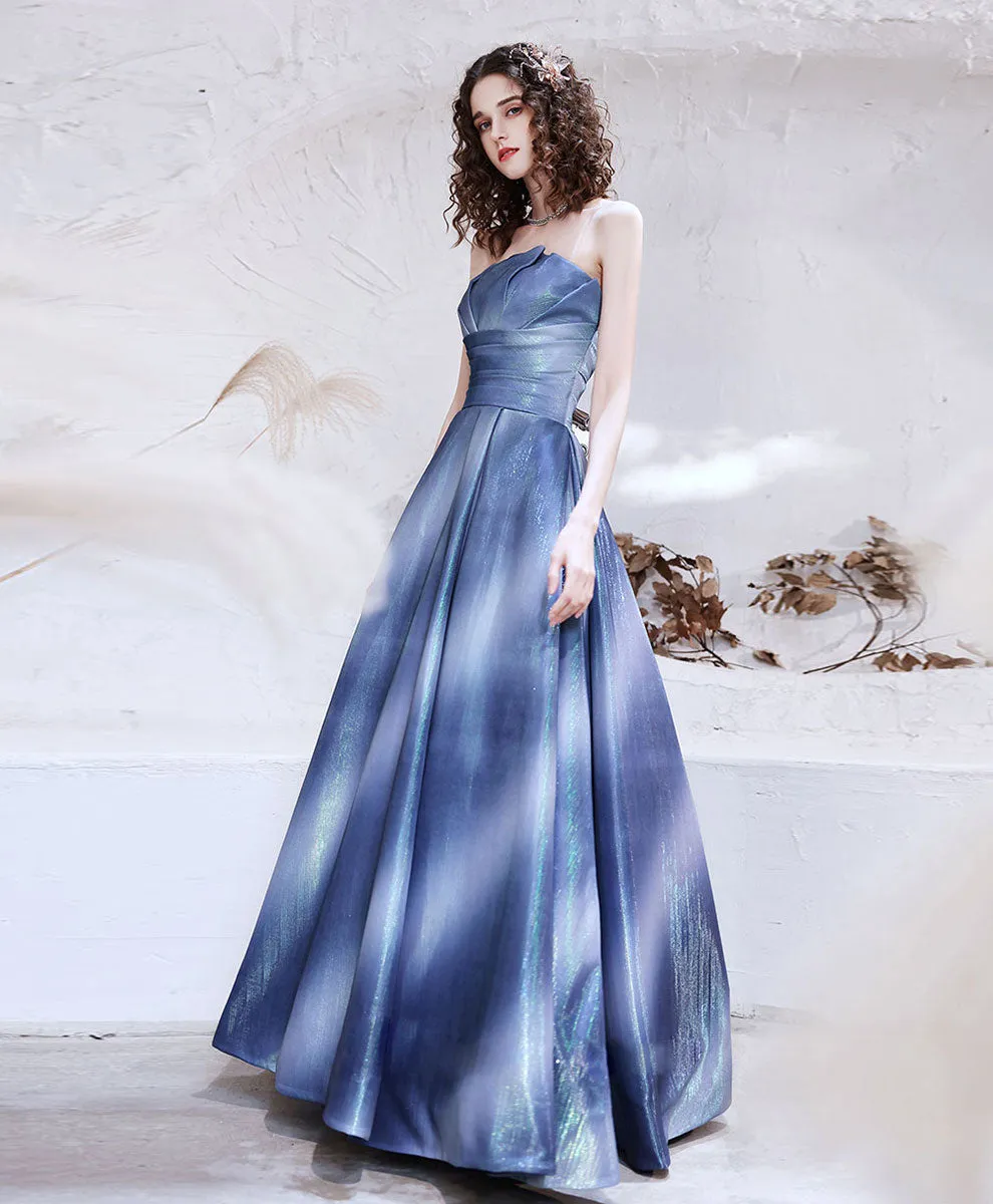 Blue Satin Long Prom Dress, Blue Aline Formal Evening Dresses