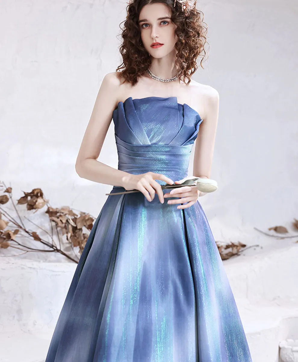 Blue Satin Long Prom Dress, Blue Aline Formal Evening Dresses