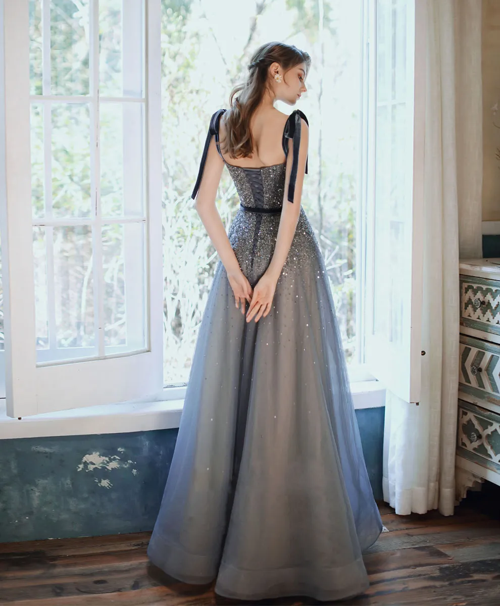 Blue Sweetheart Tulle Sequin Long Prom Dress Blue Formal Dress
