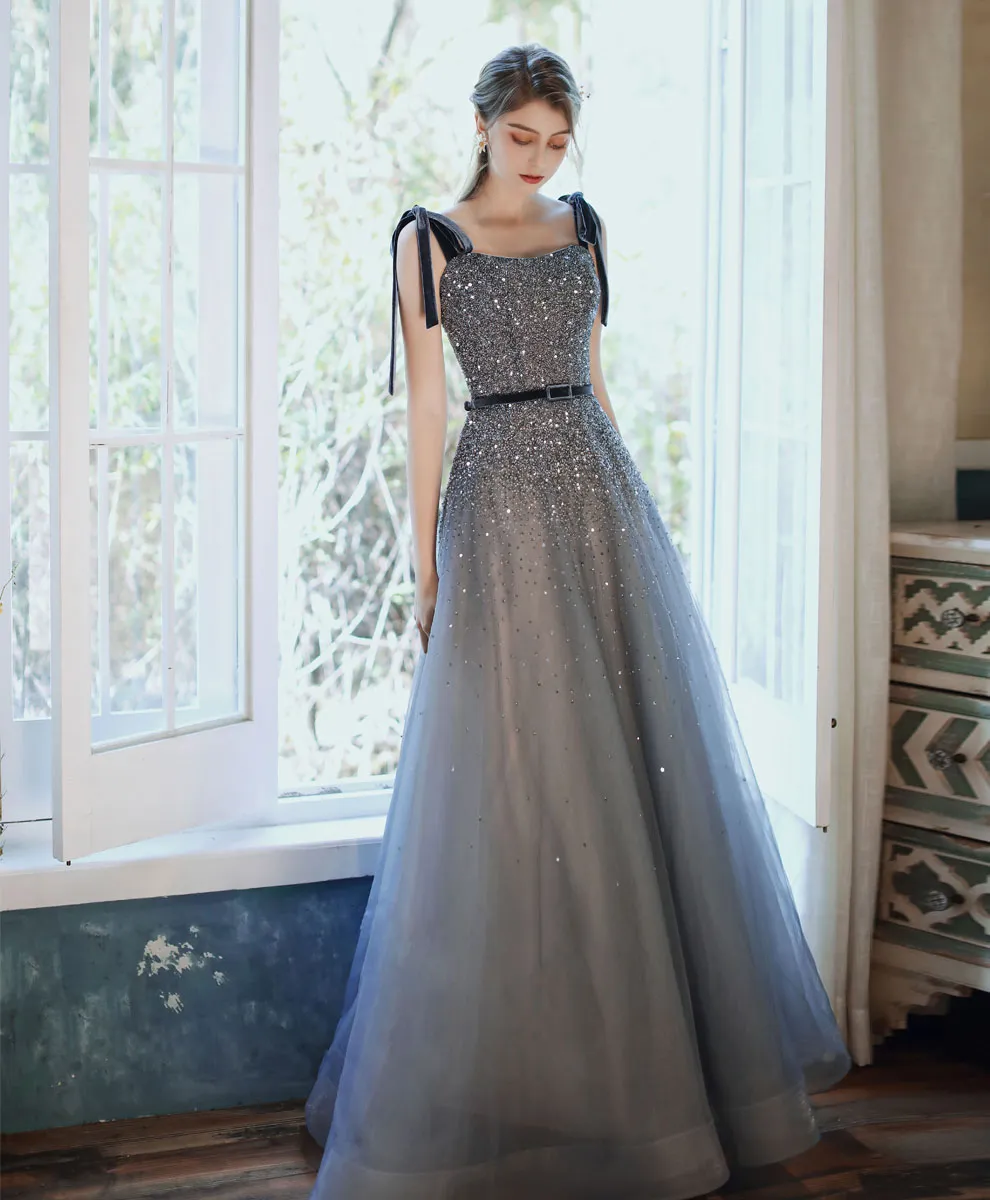 Blue Sweetheart Tulle Sequin Long Prom Dress Blue Formal Dress