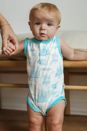 Blue Toile Bamboo Henley Onesie with Snaps