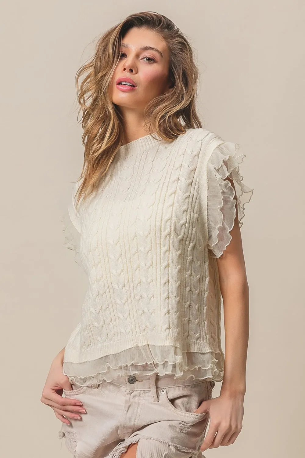 Blue Zone Planet |  BiBi Layered Pleat Chiffon Edge Cable Knit Top