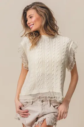 Blue Zone Planet |  BiBi Layered Pleat Chiffon Edge Cable Knit Top