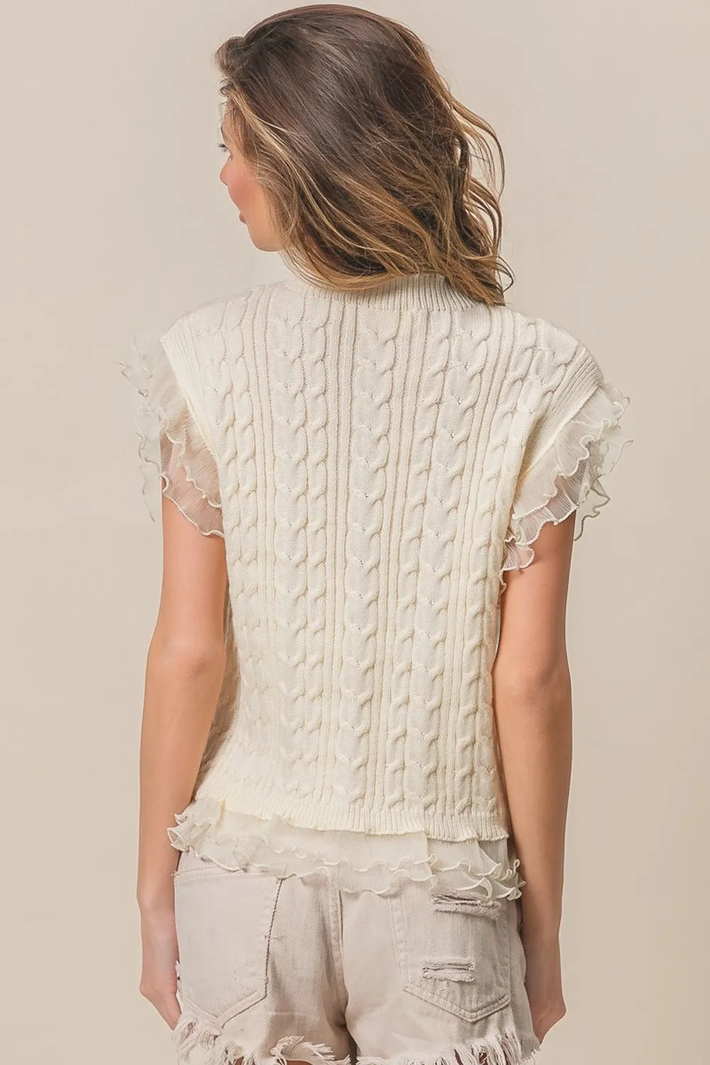 Blue Zone Planet |  BiBi Layered Pleat Chiffon Edge Cable Knit Top