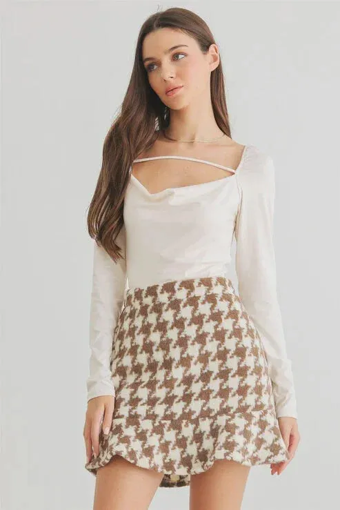 BONE COWL NECK STRIP DETAIL LONG SLEEVE BODYSUIT