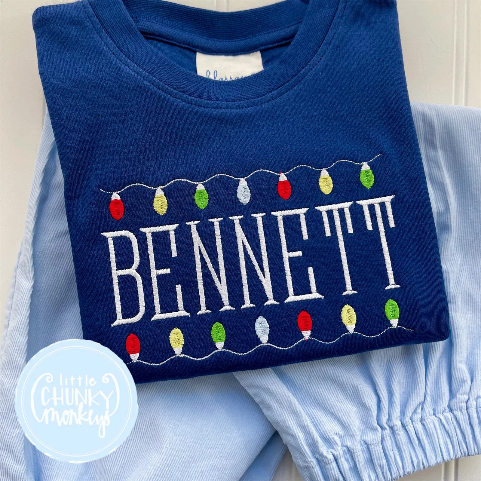 Boy Shirt - Christmas Lights on Navy