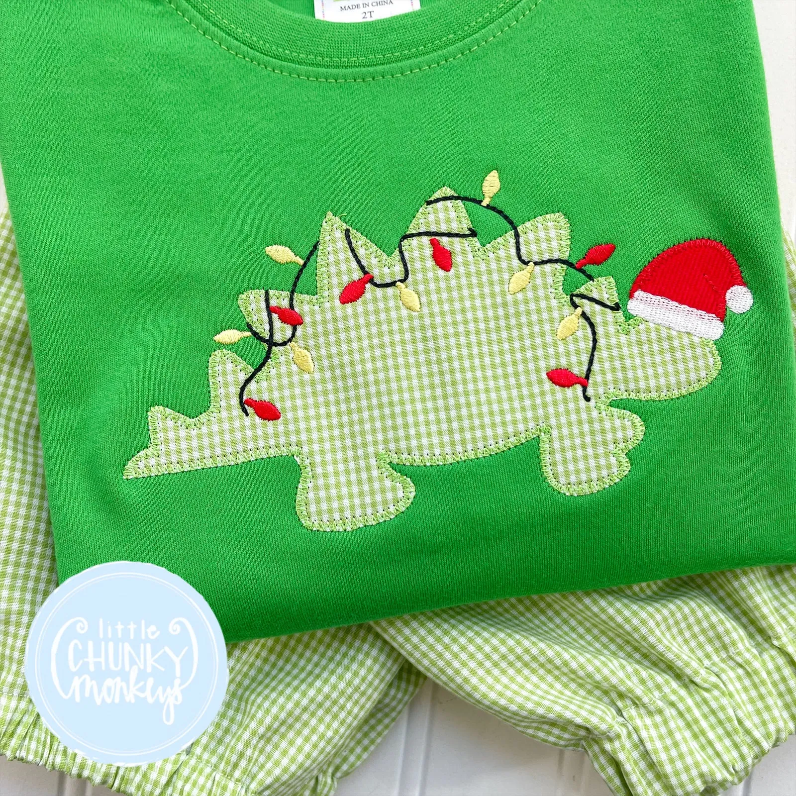 Boy Shirt - Santa Dino Lights on Green