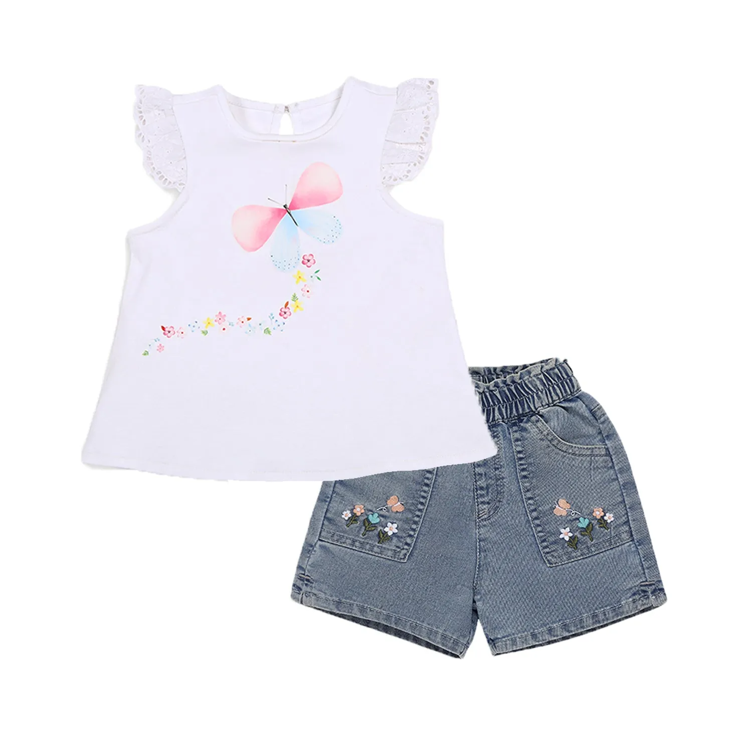 Butterfly Print Tee With Denim Shorts - Girls - White
