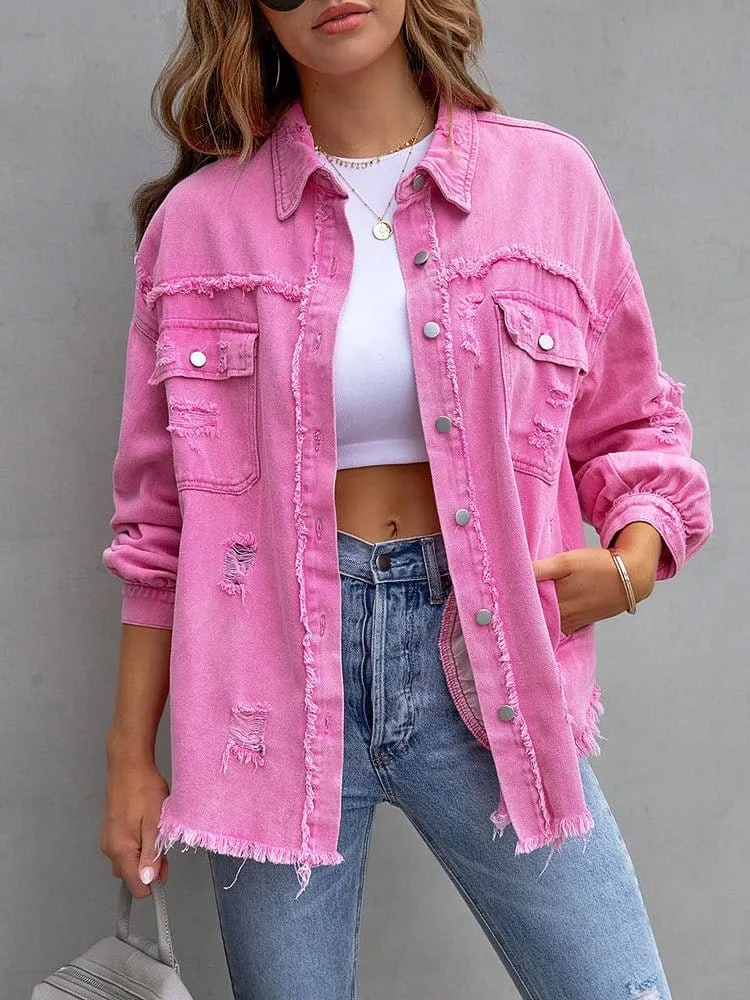 Button Front Distressed Denim Jacket