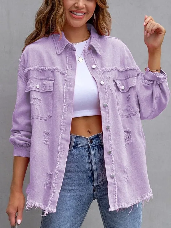 Button Front Distressed Denim Jacket
