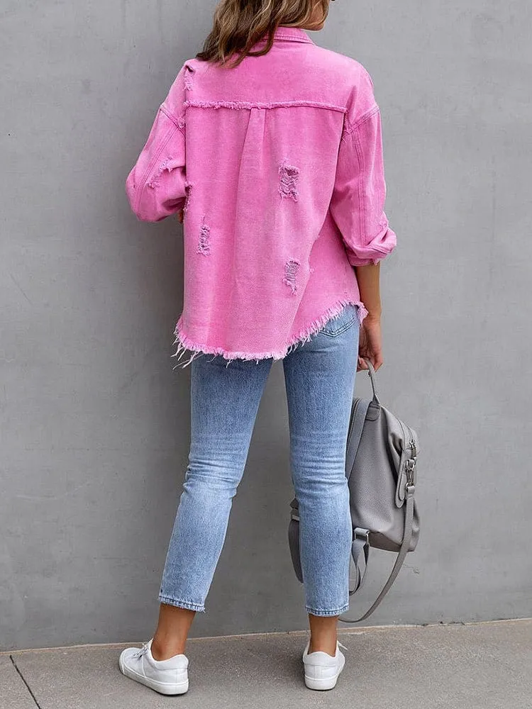 Button Front Distressed Denim Jacket