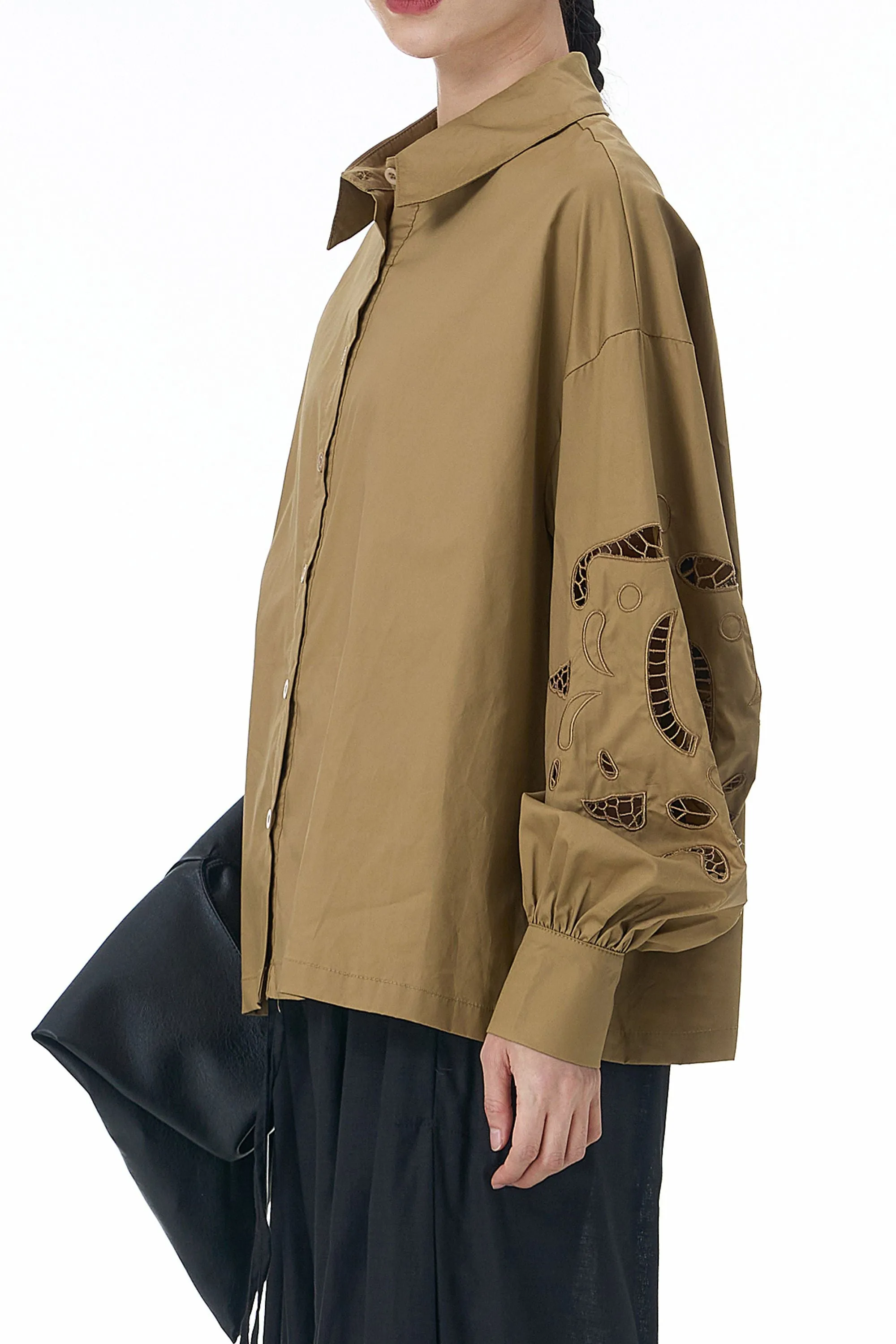 Camel Cutwork Sleeves Shirt