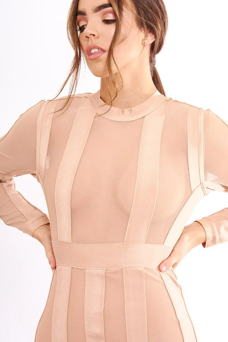 Camel Mesh Panel Striped Bandage Bodycon Dress - Clara