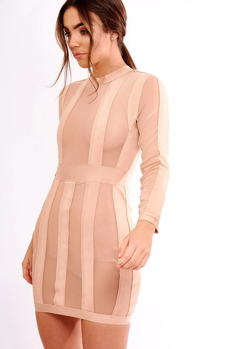 Camel Mesh Panel Striped Bandage Bodycon Dress - Clara