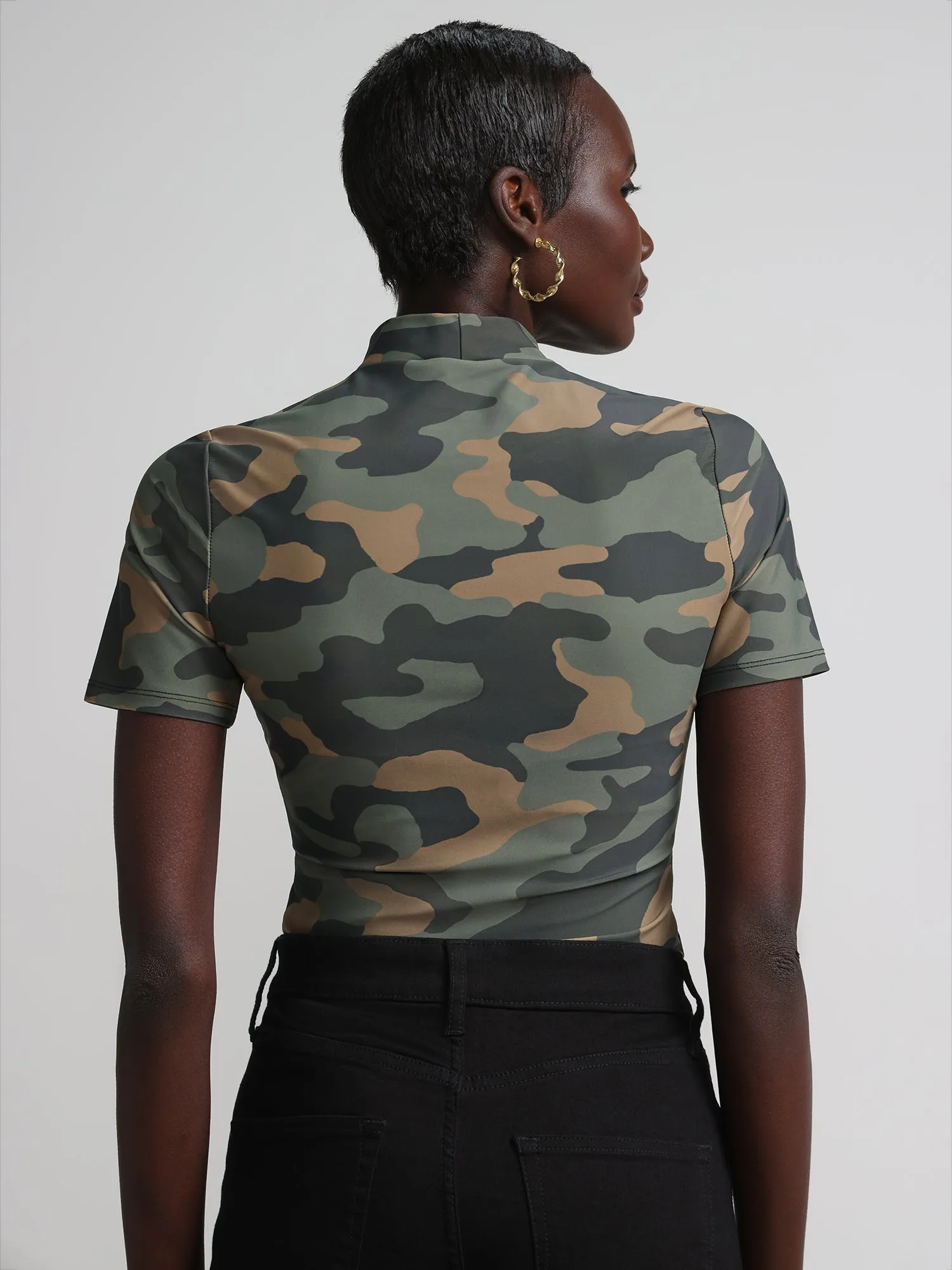 Camouflage Mock-Neck Scuba Bodysuit