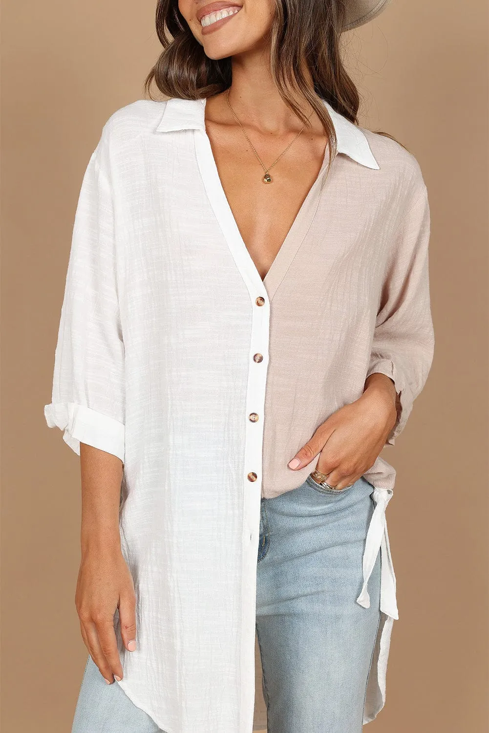 Casual Bi-Color Cotton Blend Button-Down Shirt